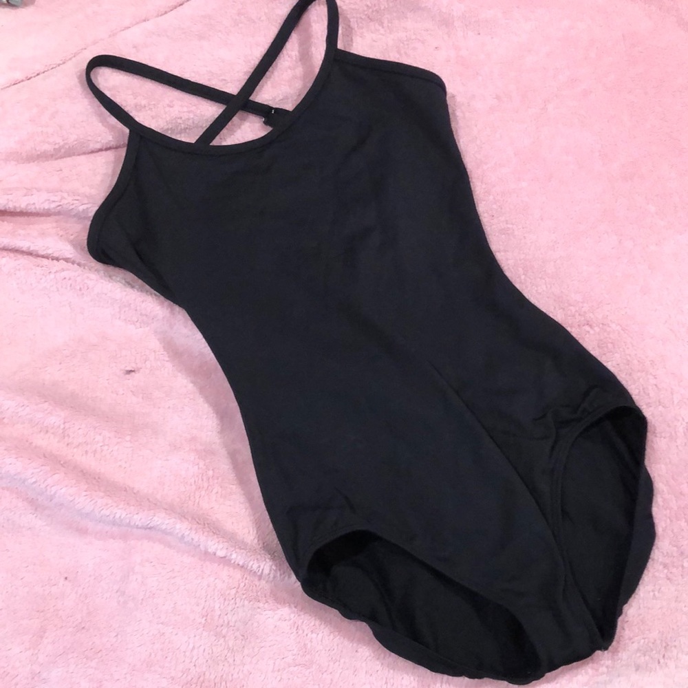 black ballet leotard with cross straps in back